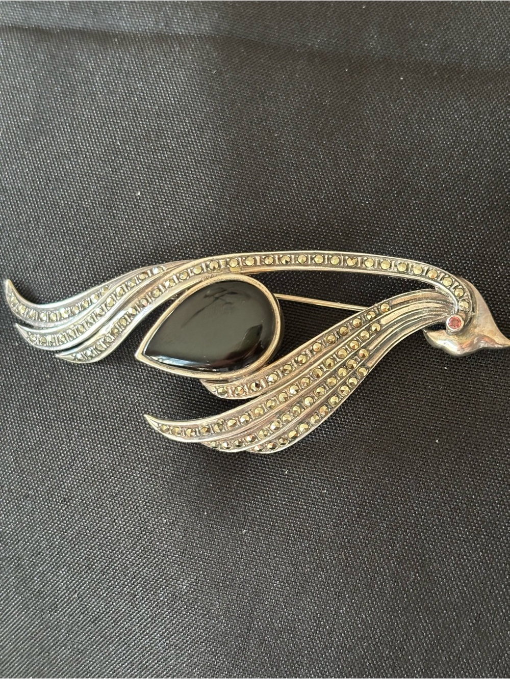 Vintage-Inspired Silver and Black Teardrop Brooch